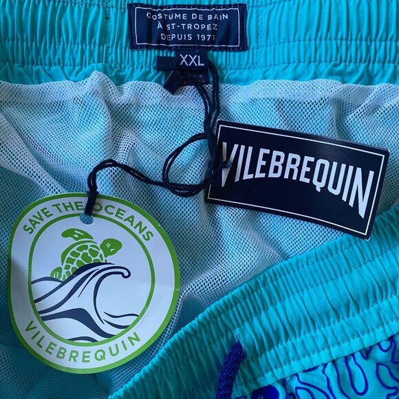 NEW Vilebrequin Okoa Long Swim Shorts Trunks Flocked Splash Turtle Lazuli Blue - Picture 7 of 13